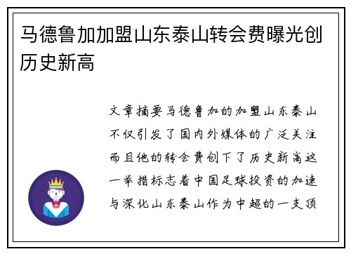 马德鲁加加盟山东泰山转会费曝光创历史新高
